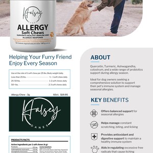 K&ouml;nnte beinhalten: Eine wei&szlig;e Flasche Halsey Danes Allergy Soft Chews f&uuml;r Hunde. Die Flasche ist mit dem Produktnamen, den Inhaltsstoffen und der Dosierungsanleitung beschriftet. Die Flasche steht auf einem Tisch mit einem Hund und einer Person im Hintergrund.