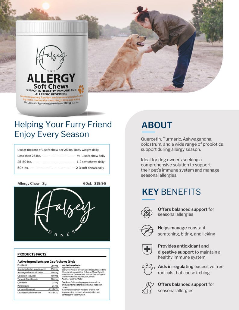 K&ouml;nnte beinhalten: Eine wei&szlig;e Flasche Halsey Danes Allergy Soft Chews f&uuml;r Hunde. Die Flasche ist mit dem Produktnamen, den Inhaltsstoffen und der Dosierungsanleitung beschriftet. Die Flasche steht auf einem Tisch mit einem Hund und einer Person im Hintergrund.