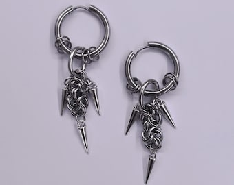 SPIKED XL HOOPS — stainless steel silver punk chainmail spike charm grunge goth industrial alternative emo statement earrings - by modmize