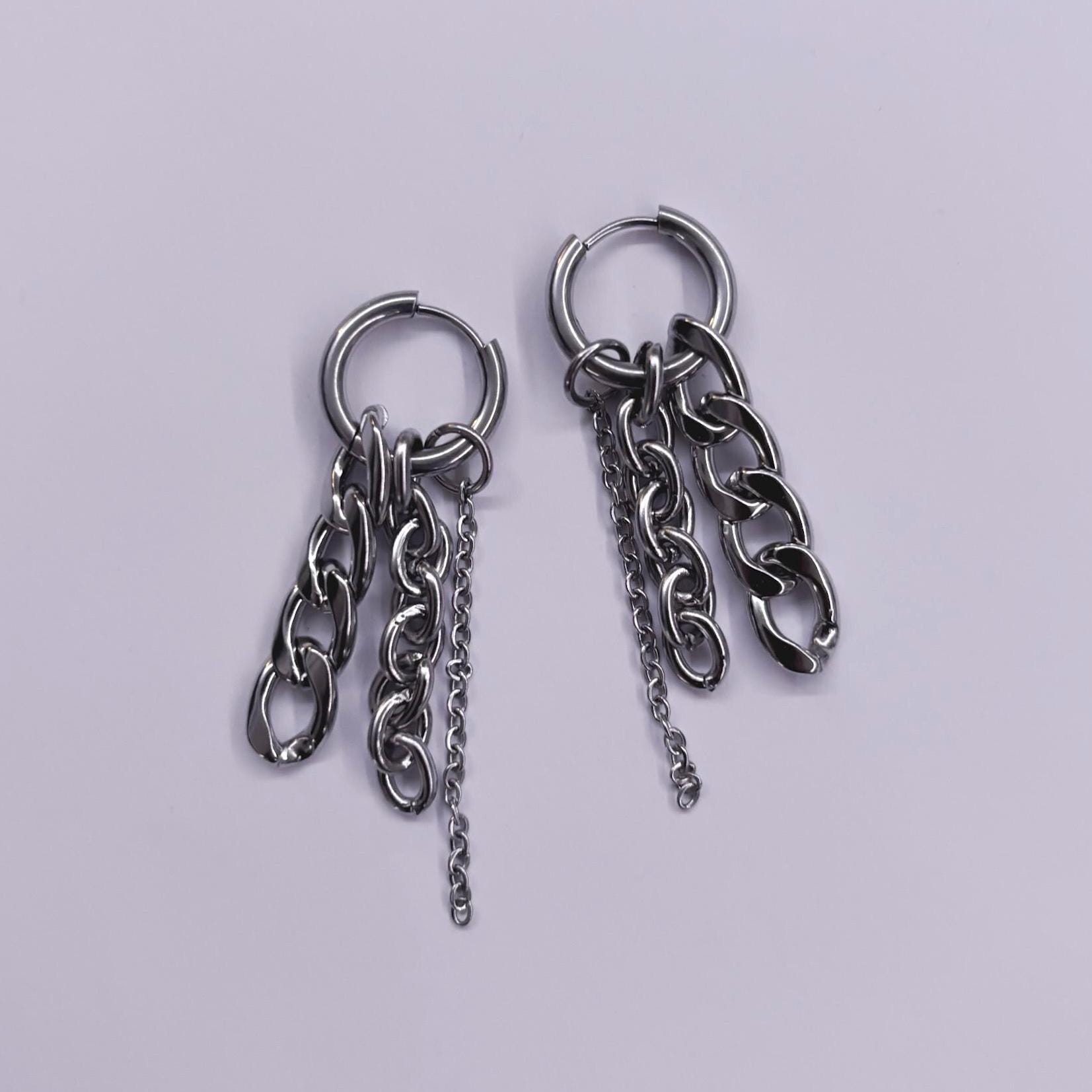 CLUSTER CHAIN EARRINGS — stainless steel silver grunge layered chain cuban link dangle goth punk industrial edgy alt earrings - by modmize