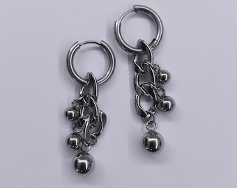 CHROME ORB EARRINGS — stainless steel silver grunge chain cuban link ball charm dangle goth punk industrial edgy alt earrings - by modmize