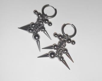 PENDIENTES HÍBRIDOS: pendientes de acero inoxidable, plata, cromo, bola, perforados, con cadena de espinas, estilo gótico emo, con detalles alternativos - de modmize