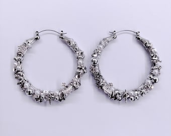 JUNK BAMBOO EARRINGS (set of 2) — y2k inspired junk charm bedazzled silver large hoop pendant bamboo earrings  - by modmize