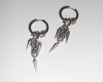 AROS XL CON PINCHOS — Pendientes de acero inoxidable plateados con diseño punk de cota de malla con pinchos, estilo grunge, gótico, industrial, alternativo, emo, de modmize