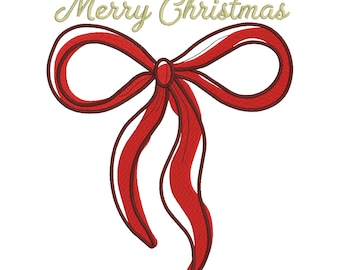 Merry Christmas Coquette Bow Embroidery Design, Red Ribbon Machine Embroidery Pattern, Holiday Embroidery File Instant Download, 3 sizes