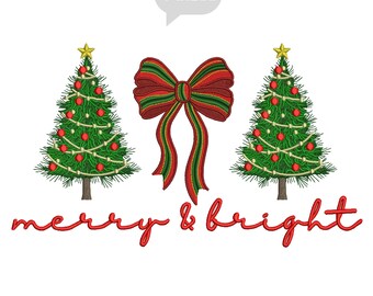 Merry & Bright Christmas Tree Embroidery Design, Holiday Bow Embroidery Pattern, Festive Xmas Machine Embroidery File, Instant Download
