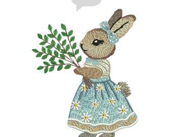 Cute Bunny Embroidery Design, Floral Dress Rabbit Embroidery, Spring Animal Embroidery Pattern, Baby Clothes Embroidery File, 3 sizes