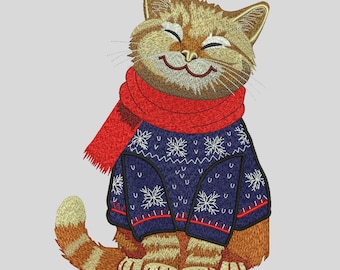 Ginger Cat Embroidery Design, Christmas Cat Machine Embroidery File, Winter sweater, Scarf, Festive Animal Stitch Pattern, Instant Download