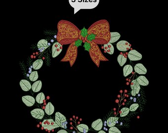 Christmas Wreath Embroidery Design, Holiday Wreath with Red Bow and Holly Leaves, Festive Machine Embroidery File, Monogram Frames