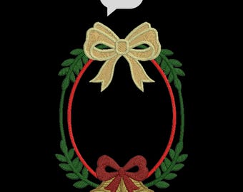 Christmas Wreath Frame Embroidery Design, Bells & Bow Machine Embroidery File, Holiday Oval Monogram Frame, 3 Sizes, Instant download