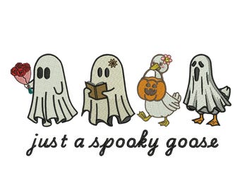 Spooky Goose Embroidery Design, Funny Halloween Goose Ghost Embroidery Pattern, Cute Goose with Pumpkin, Digital Machine Embroidery File
