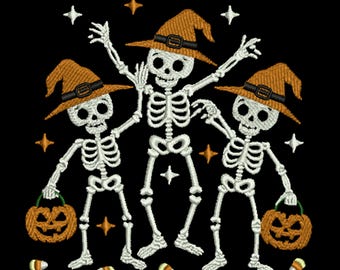 Dancing Skeletons Halloween Embroidery Design, Halloween Machine Embroidery File, Witch Hat Skeletons with Pumpkin or Corn, Digital Download