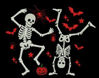 Dancing Skeleton Embroidery Design, Halloween Machine Embroidery File, Spooky Skull, Bats, Spider, Pumpkin, Instant Download