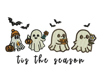 Cute Fall Ghosts Embroidery Design, Halloween Tis the Season Ghosts with Pumpkins & Bats, Fall Spooky Embroidery Logo for Machine Embroidery