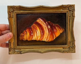 Original Ölgemälde Miniatur Croissant, Französische Bäckerei Wandkunst