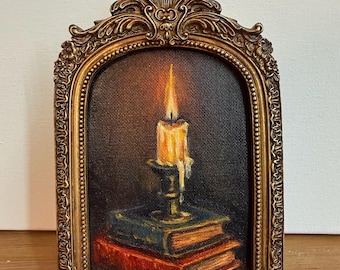 Original Oil Painting Candle & Old Books, Vintage Gold Frame