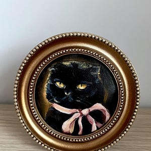 Black Cat Original Oil Painting Framed Art, Dark Decor, Animal Portraits