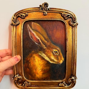 Original Oil Painting – Hare Portrait in Vintage Frame | Small Animal Wall Art