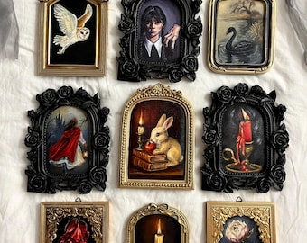 Gothic Original Oil Painting: Dark Academia Owl, Swan, Bunny, Woman, Rose - Hand-Painted  Vintage Decor