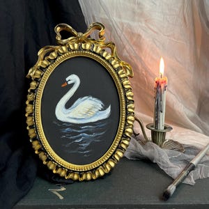 Framed Swan Oil Painting: Vintage Style Bird Art, Black Decor