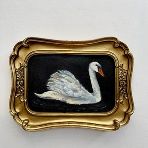 White Swan Oil Painting - Vintage Gold Frame - Elegant Bird Art