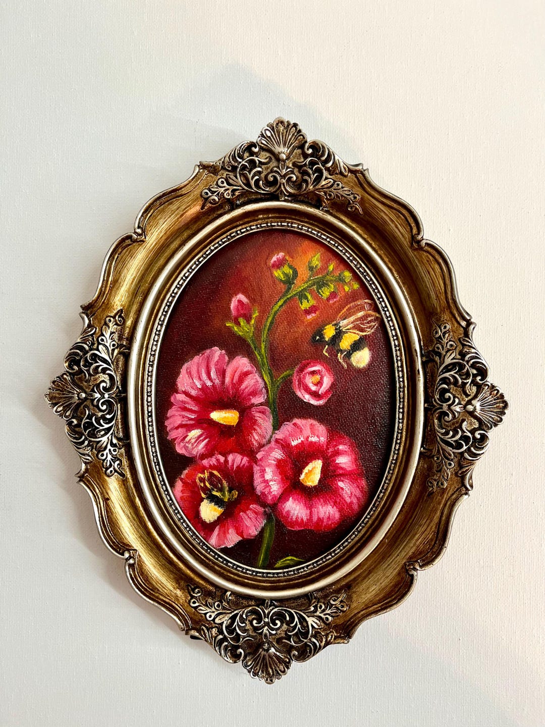 Bee in Pink Flowers Original Oil Painting Vintage Botanical Art in Oval ...