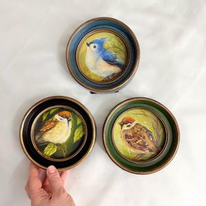 小鳥のオリジナル油絵 スズメ 木製丸型フレーム入り