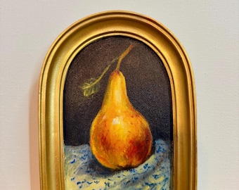 Original Ölgemälde: Birne Stillleben, Goldrahmen Küche Essen Wandkunst