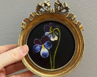Miniature Violet Spring Flowers Oil Paintings | Vintage Gold Frame, Original Floral Still Life