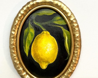 Pintura a óleo original de natureza morta com limões, emoldurada, para decoração de parede ou cozinha (formato oval).