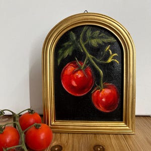 Vegetable Tomato Original Oil Painting Framed, Tomatoes Branch, Still Life Cherry Tomatoes Food Decor, Vintage Kitchen Wall Art