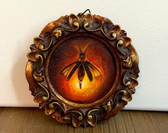 Tiny Glowing Firefly Miniature Painting in Vintage Frame, Small Original Insect Wall Art