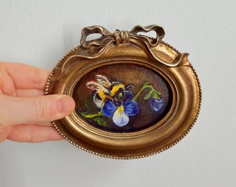 Tiny original oil painting bumblebee on violet flowers mom day gift