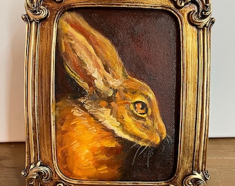 Original Oil Painting – Hare Portrait in Vintage Frame | Small Animal Wall Art