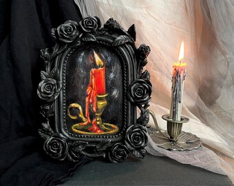 Gothic Halloween Candle Oil Painting - Vintage Rose Frame Dark Academia