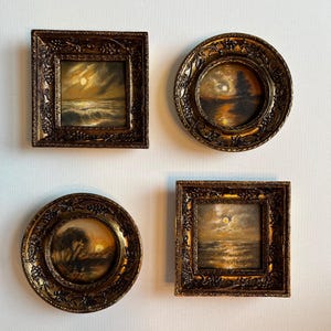 Framed Miniature Seascape Oil Painting: Vintage Style, Moonlight & Sunset