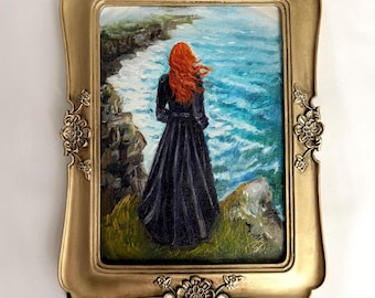 Original Oil Painting Coastal – Romantic Seascape with Red-haired Woman