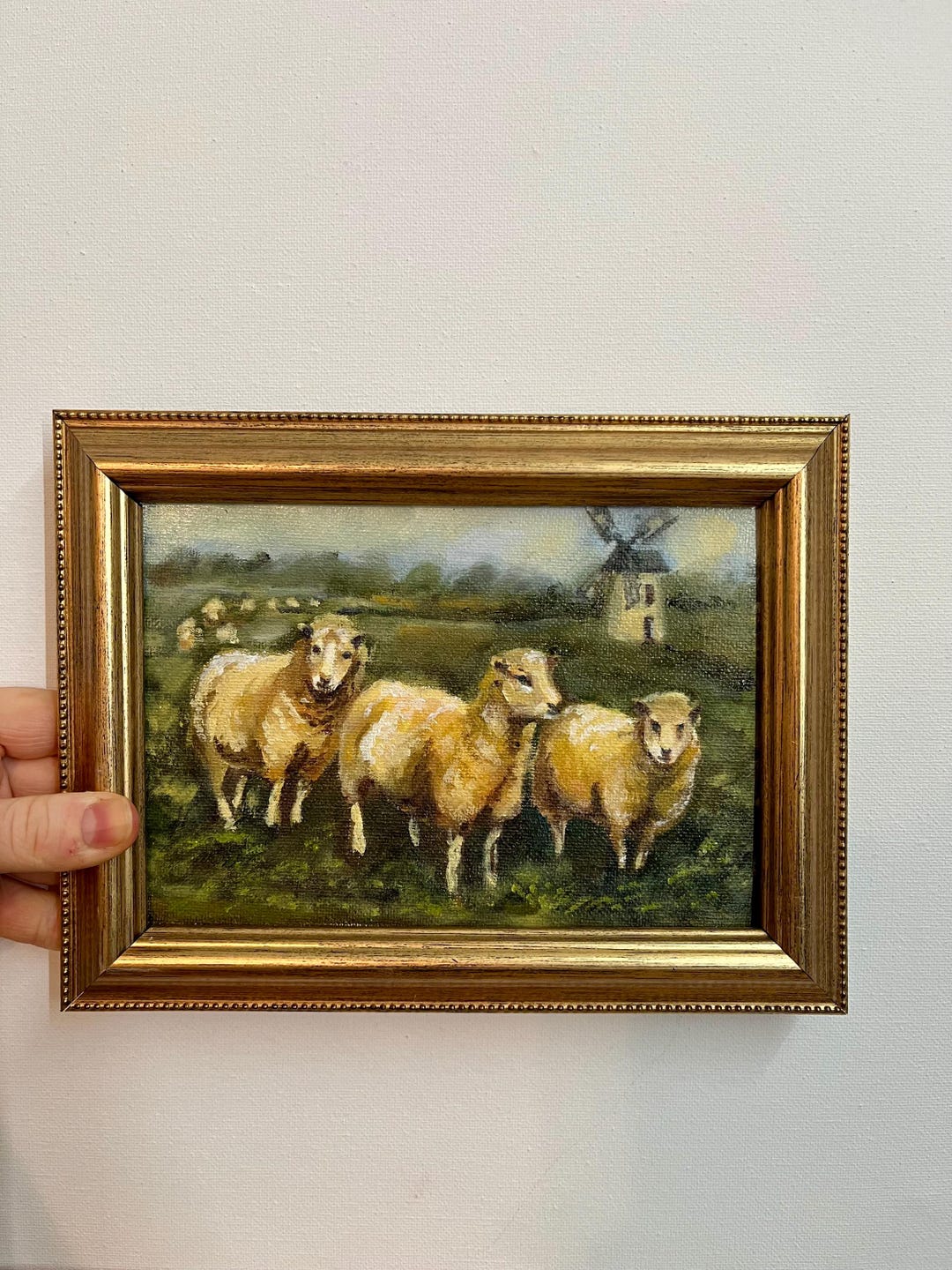 Lamb Original Oil Painting Sheep Framed, Small Farmhouse Mill Landscape ...