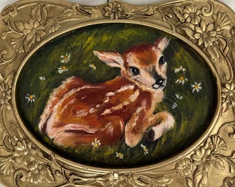 子鹿のオリジナルアートワーク、かわいい動物の油絵、小さな鹿のアート