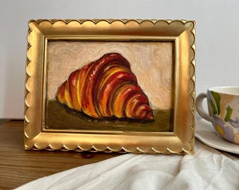 Peinture à l'huile originale encadrée croissants pâtisserie française nature morte