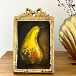 Pear Original Oil Painting – 8x5 Vintage Style Still Life in Ornate Gold Frame – Classic Art – Cozy Kitchen Fruit Wall Decor