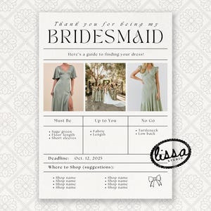 Plantilla de tarjeta de información de vestido de dama de honor minimalista / Tarjeta útil para comprar vestidos de dama de honor / Plantilla de Canva / Gracias dama de honor