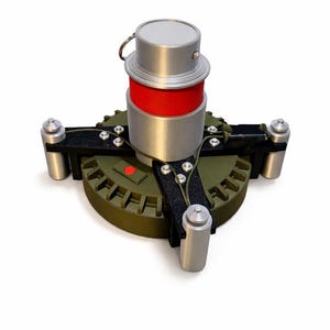 May include: A detailed model of a landmine, featuring a circular olive green base with a toothed edge. It has a central silver cylinder with a red band, and four silver cylinders attached to the base. Black straps and small silver bolts complete the design.