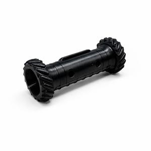 May include: A black, cylindrical object with a ridged design on each end. The center section has a rectangular cutout and two small holes. The ends have a gear-like pattern. The object is made of a solid, matte material.