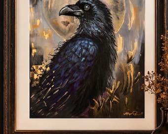 Moonlit Raven Art Print, Gothic Raven Wall Art, Mystical Full Moon Decor, Dark Academia, Original Acrylic Painting Reproduction