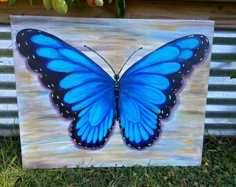 Blue Morpho Butterfly Canvas Art: Dutch Pour Acrylic Painting