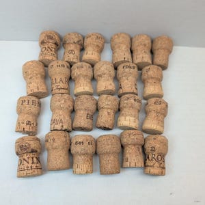 May include: A collection of twenty-three light brown champagne corks arranged in a grid. Each cork features a cylindrical body with a wider top, and many are stamped with black text including words like ONI, PIEM, CAVA, EMB, and various numbers.