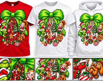 May include: A red t-shirt, a white t-shirt, and a white hoodie, each featuring a large green bow graphic with hanging Christmas ornaments, a green character, a small girl, a brown dog, candy canes, and gift boxes.
