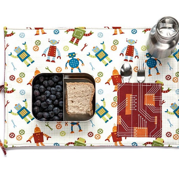 Mantel de viaje, diseño de robots, lonchera orgánica en azul, naranja