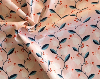 Liliana organic poplin with white flowers on pink. Organic cotton fabric. Modern Love by Monaluna, by 1/2 meter.